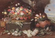 Jan Van Kessel Still life of various flwers in a basket,tulips in a copper pot hortensias,asparagi and artichokes laid out on the ground,together with an owl,butterf oil on canvas